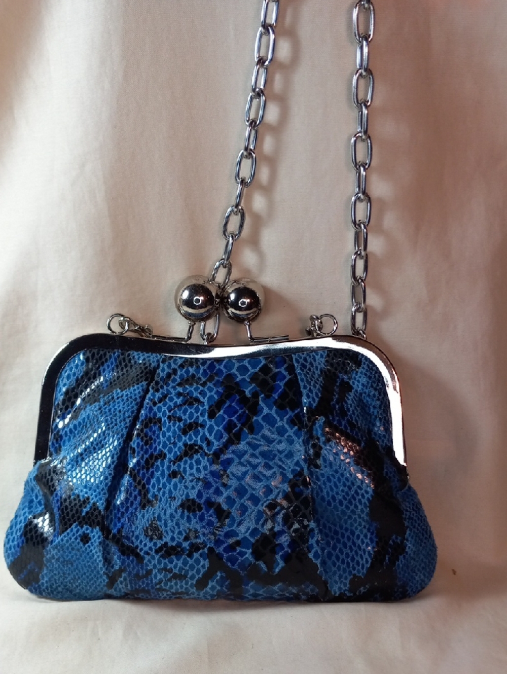 Aldo Blue Snake-Print Chain Frame Clutch